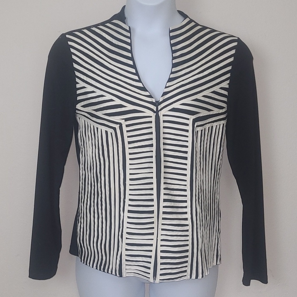 Becky & Bobby Striped Zip Front Blazer Jacket L  Geometric Black White V Neck